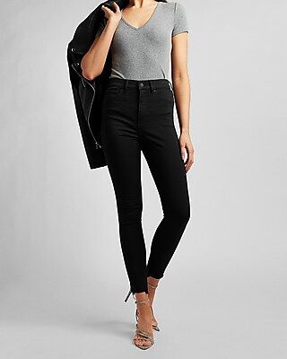 Super High Waisted Black Raw Step Hem Skinny Jeans | Express