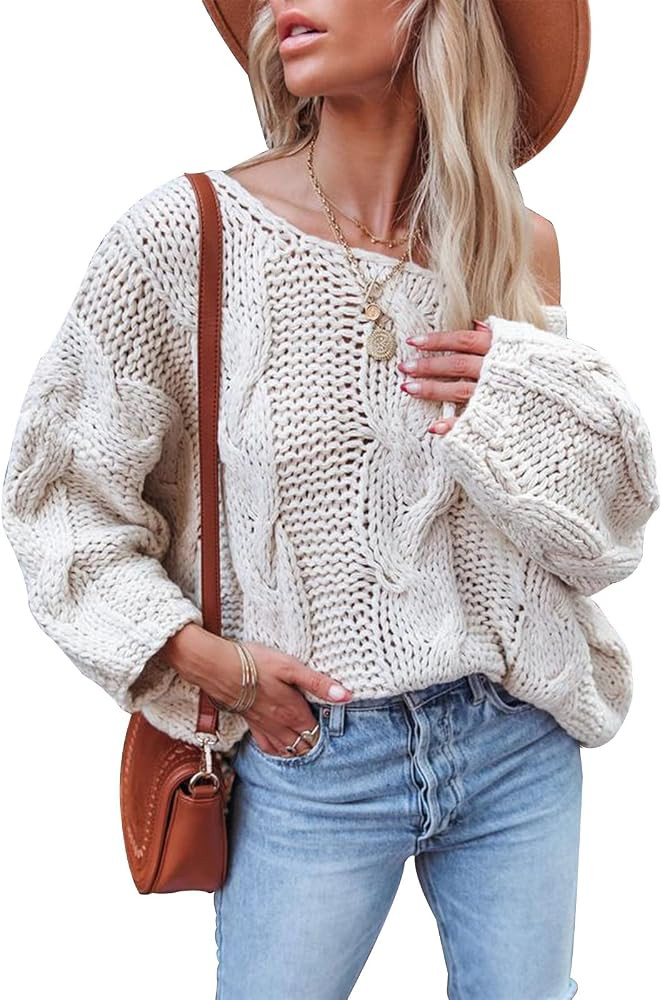 ANCAPELION Women's Off Shoulder Sweater Casual Pullover Loose Fit Sweatshirt Long Sleeve Knitted ... | Amazon (US)