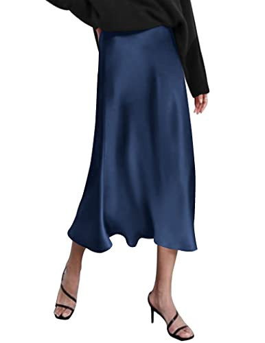 Zeagoo Womens Midi Skirt Satin High Waist Skirt Elegant Silk Skirts Navy Blue | Amazon (US)