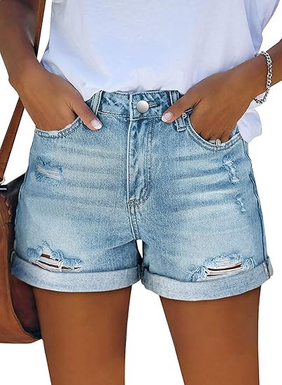 Angerella Denim Shorts for Women Mid Rise Ripped Jean Shorts Stretchy Folded Hem Hot Short Jeans | Amazon (US)