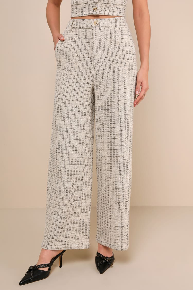Posh Perception Ivory and Black Plaid Tweed Wide-Leg Pants | Lulus