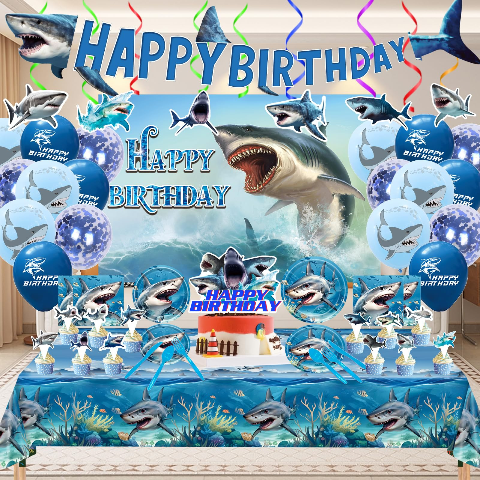 Shark Birthday Party Supplies, Shark Theme Style Party Include Happy Birthday Banner, Backdrop, T... | Amazon (US)