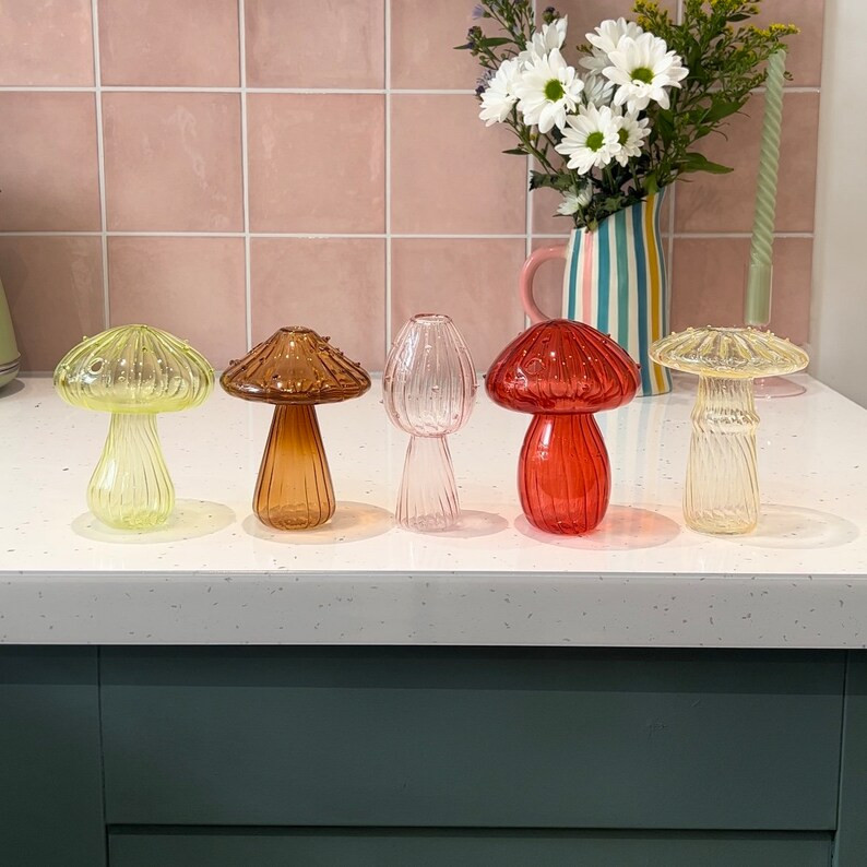 Mushroom-Inspired Glass Bud Vases - Unique Coloured Fine Glass Design for Elegant Flower Display ... | Etsy (UK)