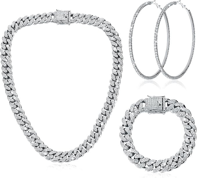 Batiyeer 3 Pcs Cuban Link Chain Necklace Bracelet Rhinestone Hoop Earrings Bling Crystal Hip Hop ... | Amazon (US)