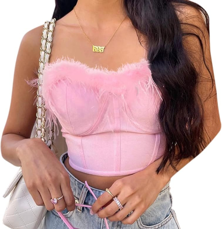 Women Sexy Feather Trim Corset Crop Top Faux Fur Sleeveless Tube Top Bustier for Rave Festival Cl... | Amazon (US)