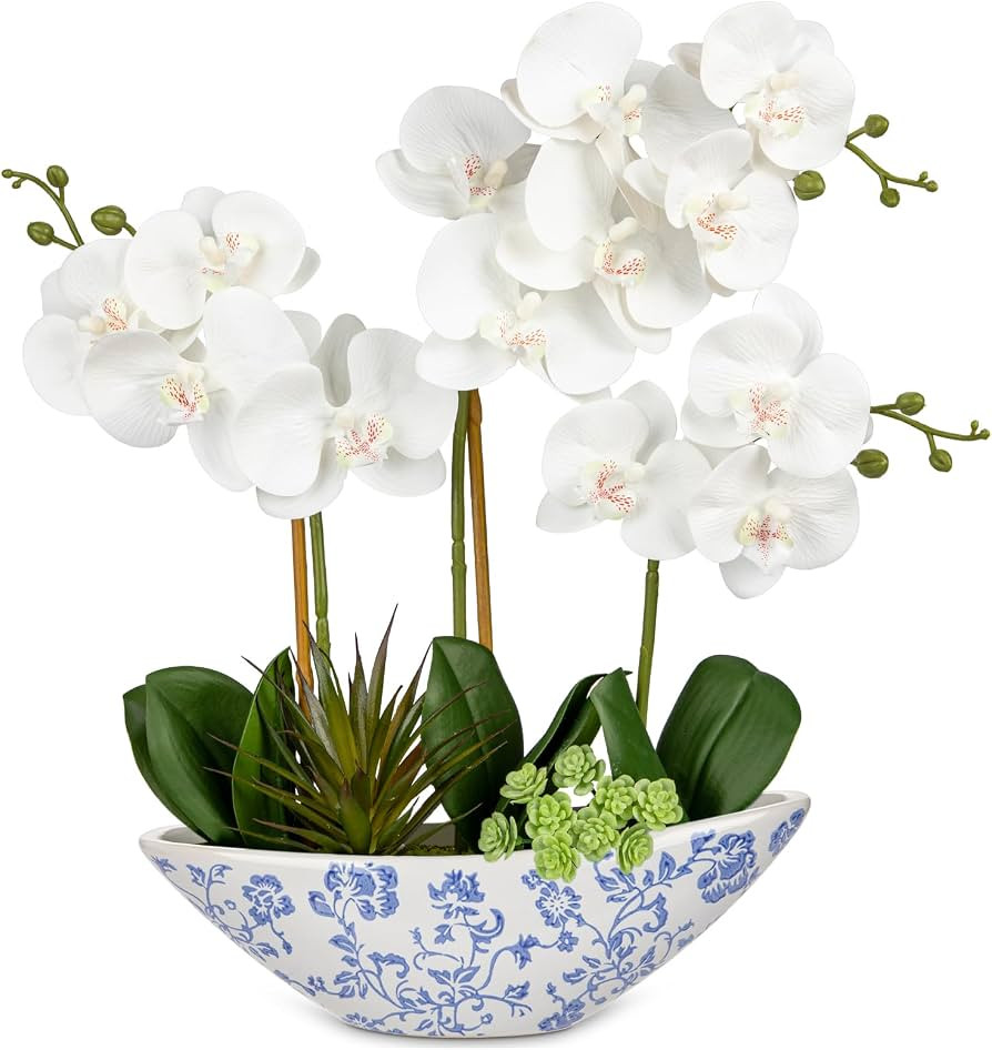 Briful White Orchid Fake Flowers 17in Artificial Orchid Silk Flowers in Blue and White Ceramic Po... | Amazon (US)