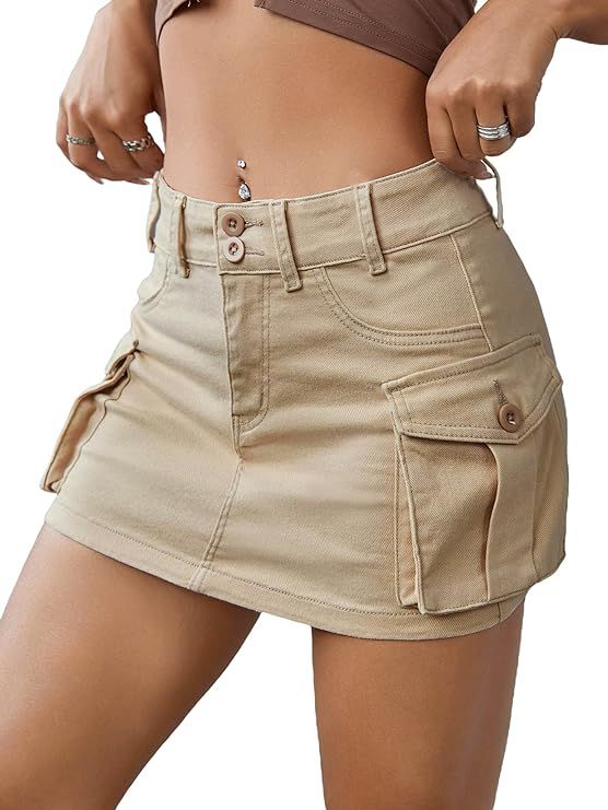 MakeMeChic Women's Y2K Skirt Low Rise Flap Pocket Mini Bodycon Denim Jean Skirt | Amazon (US)