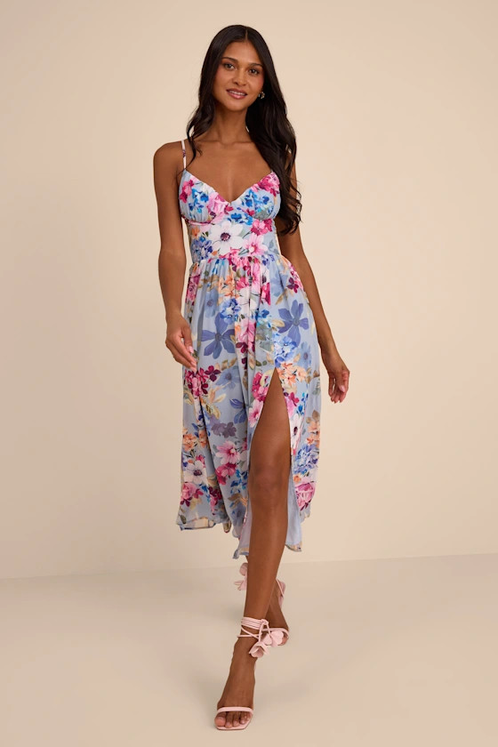 Alani Light Blue Multi Floral Lace-Up Midi Dress | Lulus