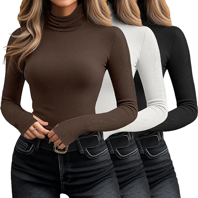 Huukeay 3 Pack Women's Long Sleeve Turtleneck Tops, Slim Fit Ribbed Pullover with Thumbhole Mock ... | Amazon (US)