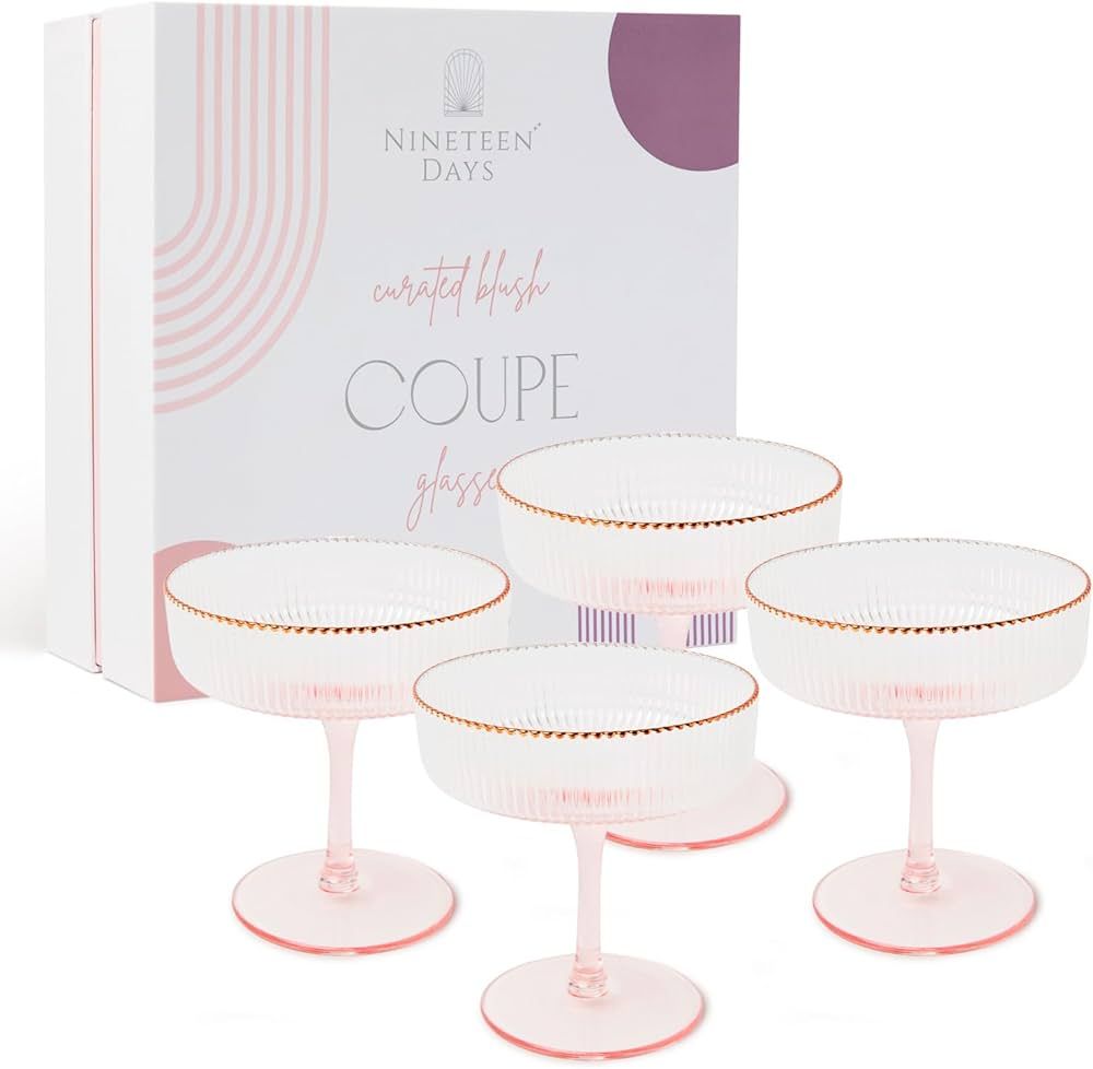 Nineteen Days Blush Coupe Glasses  w/ Rose Gold Rims 8oz | Coupe Glasses Set of 4 w/ Gifting Box ... | Amazon (US)