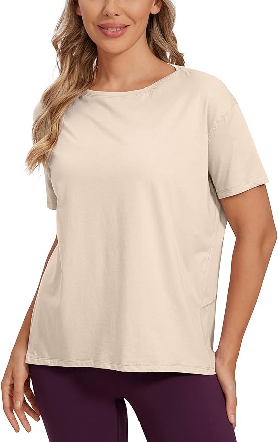 CRZ YOGA Women's Pima Cotton Short Sleeve Shirts Loose Fit Gym Workout T-Shirt Athletic Casual To... | Amazon (US)
