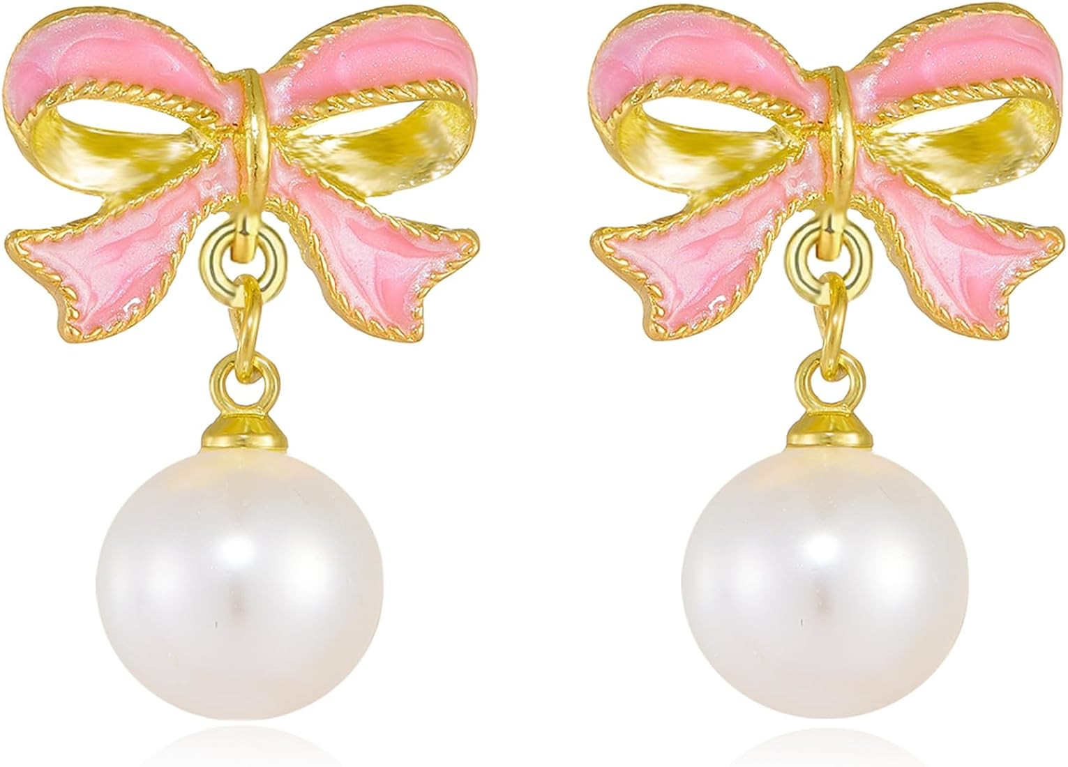 Gold Bow Earrings for Women Bow Pearl Dangle Earrings Pink Ribbon Bow Earrings Christmas Jewelry ... | Amazon (US)