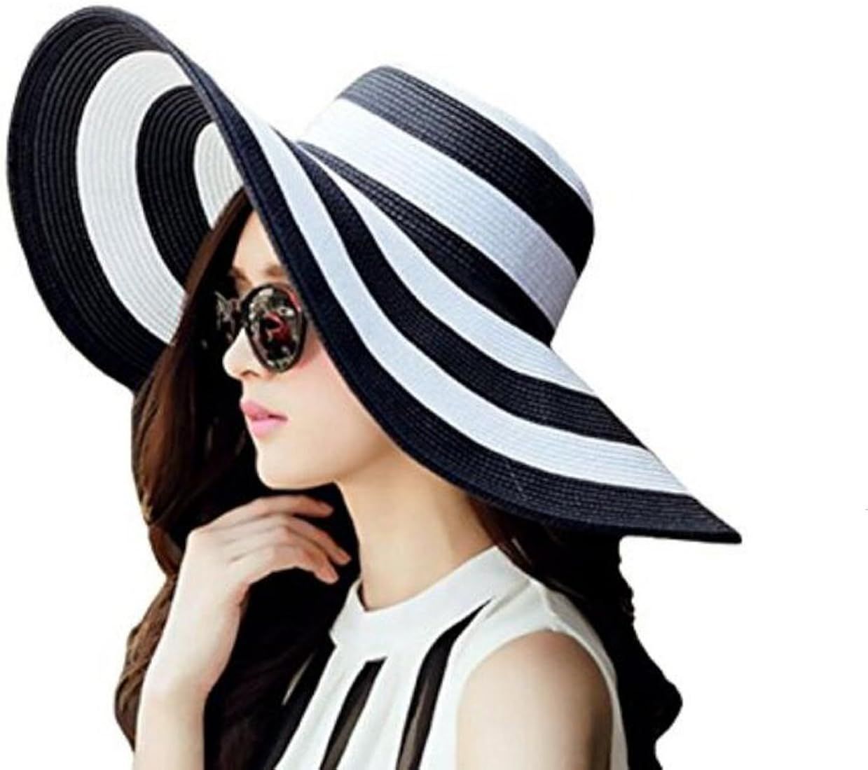 Women's Beachwear Sun Hat Black and White Striped Straw Hat Floppy Beach Hat Foldable Wide Brim C... | Amazon (US)