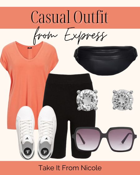 Casual outfit from express! Items include a blouse, black pants, black Fanny pack, stud earrings, white sneakers and a pair of black sunglasses 

#LTKFind #LTKstyletip #LTKunder100