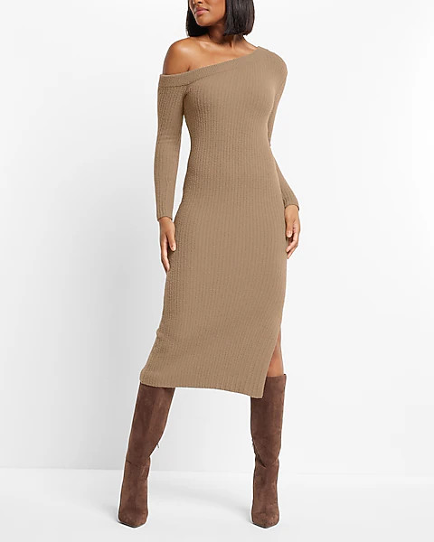 Cozy Ribbed One Shoulder Midi Sheath Dress | Express