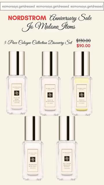 The 2026 Nordstrom Anniversary Sale is here, and this is one of my favorite beauty finds! 🤍 Jo Malone 5-Piece Cologne Discovery Set is part of the Anniversary Sale for a limited time. It's the perfect way to try some of Jo Malone London's most-loved fragrances—or gift it to someone who deserves a little luxury. These Anniversary Sale exclusives don't stay in stock for long, so if it's on your wishlist, don't wait! 

#LTKSaleAlert#LTKBeauty

#LTKselfcare