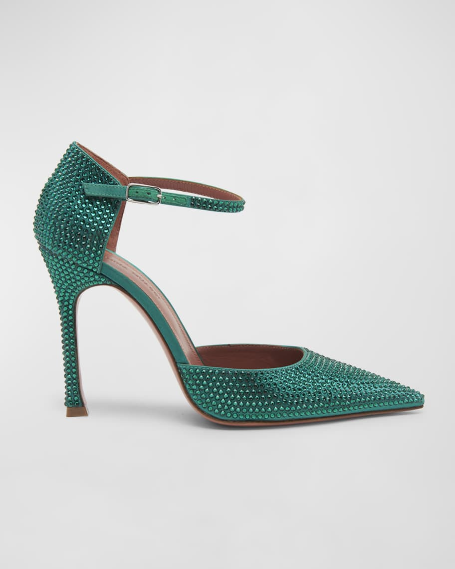 Amina Muaddi Vittorio Satin Crystal Ankle-Strap Pumps | Neiman Marcus