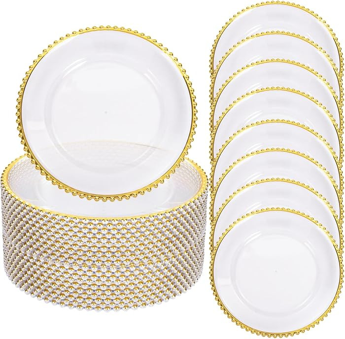 EI 13 Inch Gold Charger Plate,50pcs Clear Charger Plates with Gold Rim,Disposable Chargers Plate,... | Amazon (US)