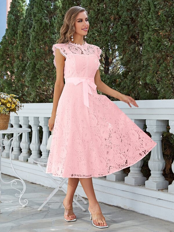 Simplee Floral Lace Ruffle Trim Belted Dress | SHEIN