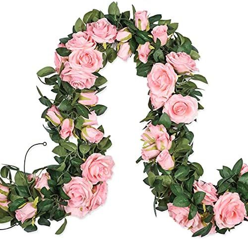Meiliy 5 Pack 6.6 FT Artificial Flower Garland,Fake Pink Rose Hanging Flower Vines for Home Wedding  | Amazon (US)