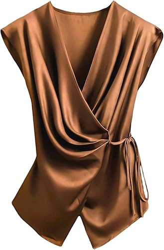 SOLY HUX Women's V Neck Satin Blouse Wrap Tie Side Sleeveless Shirt Summer Business Casual Tops | Amazon (US)