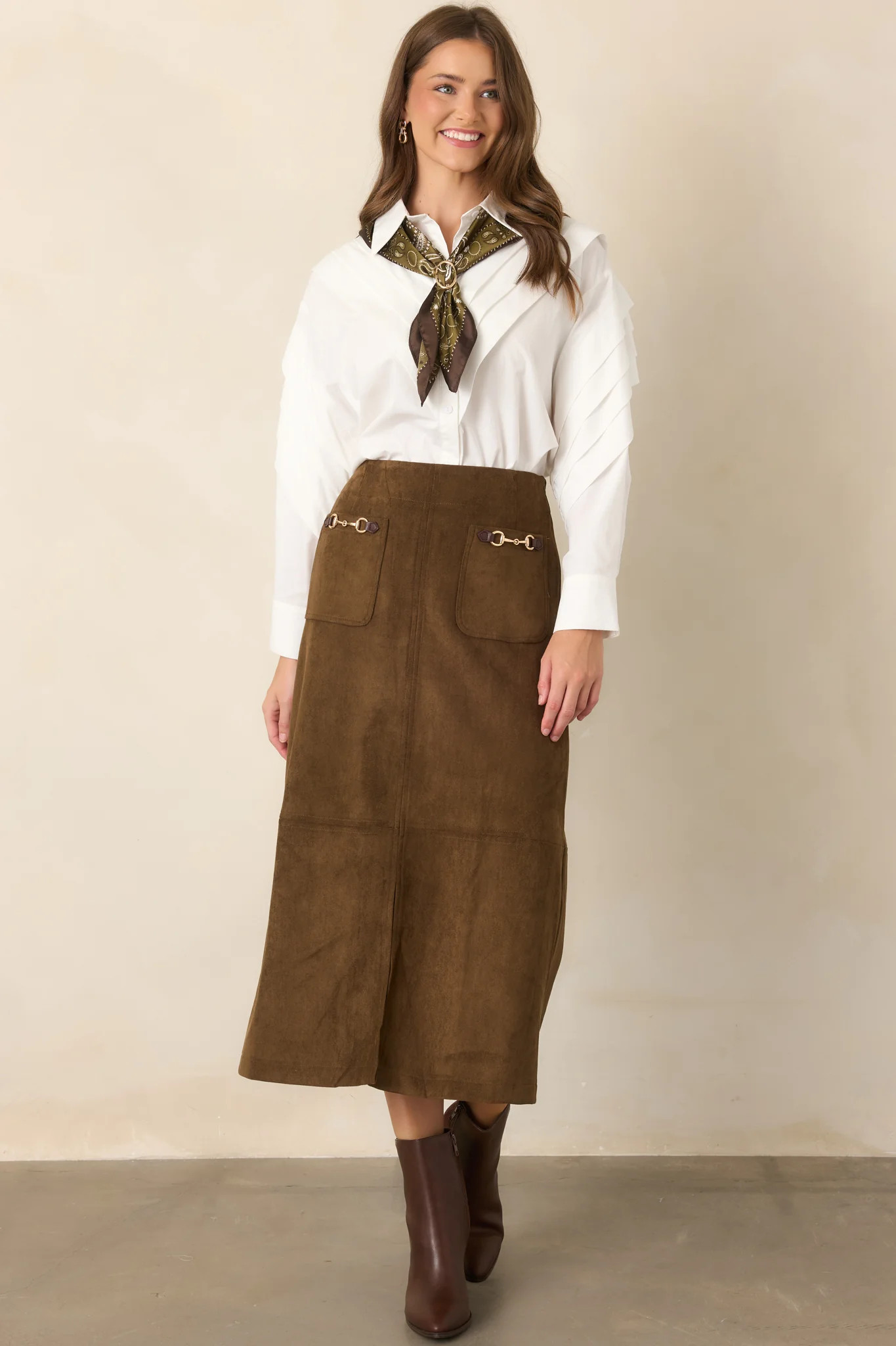 Rein Check Brown Suede Midi Skirt | Red Dress
