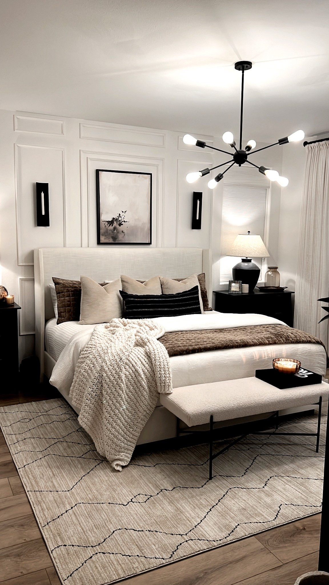 Neutral bedroom decor, brown velvet quilt, beige black rug, brown black white bedroom decorr

#LTKHome