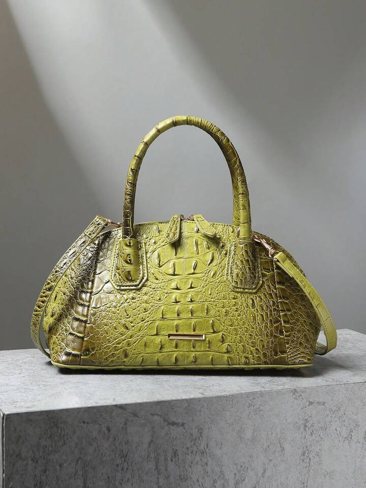 Luxury Crocodile Pattern Handbag, Retro Genuine Purse, Women's Classic Boston Bag & Shoulder Bag | SHEIN