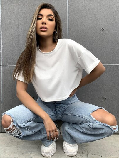 Drop Shoulder Solid Tee | SHEIN