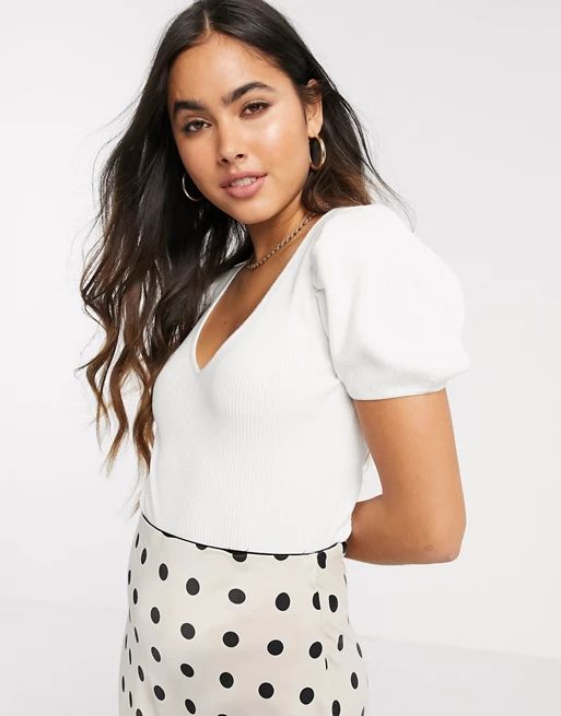 Stradivarius v neck top with puff sleeves in white | ASOS (Global)
