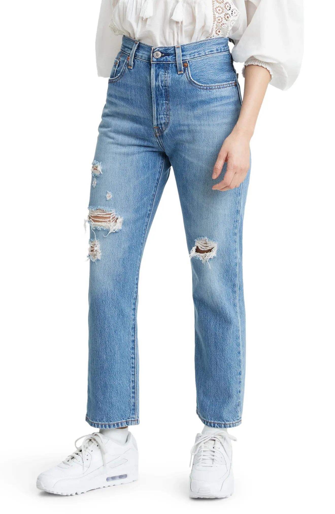 Women's Levi's 501 Ripped High Waist Crop Straight Leg Jeans, Size 30 x 26 - Blue | Nordstrom