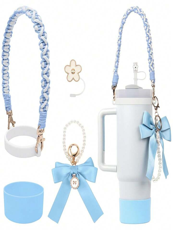 New Ice Boss Cup Small Floral Straw Drink Straw Bow Tie Pearl Chain Keychain Silicone Water Bottl... | SHEIN