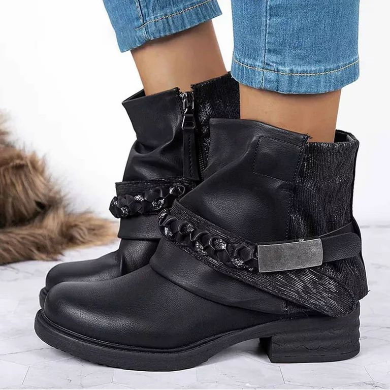 YOTAMI Womens Shoes ‘s Fashion Metal Buckle Platform Low Boots Autumn Platform Leather Boots Re... | Walmart (US)
