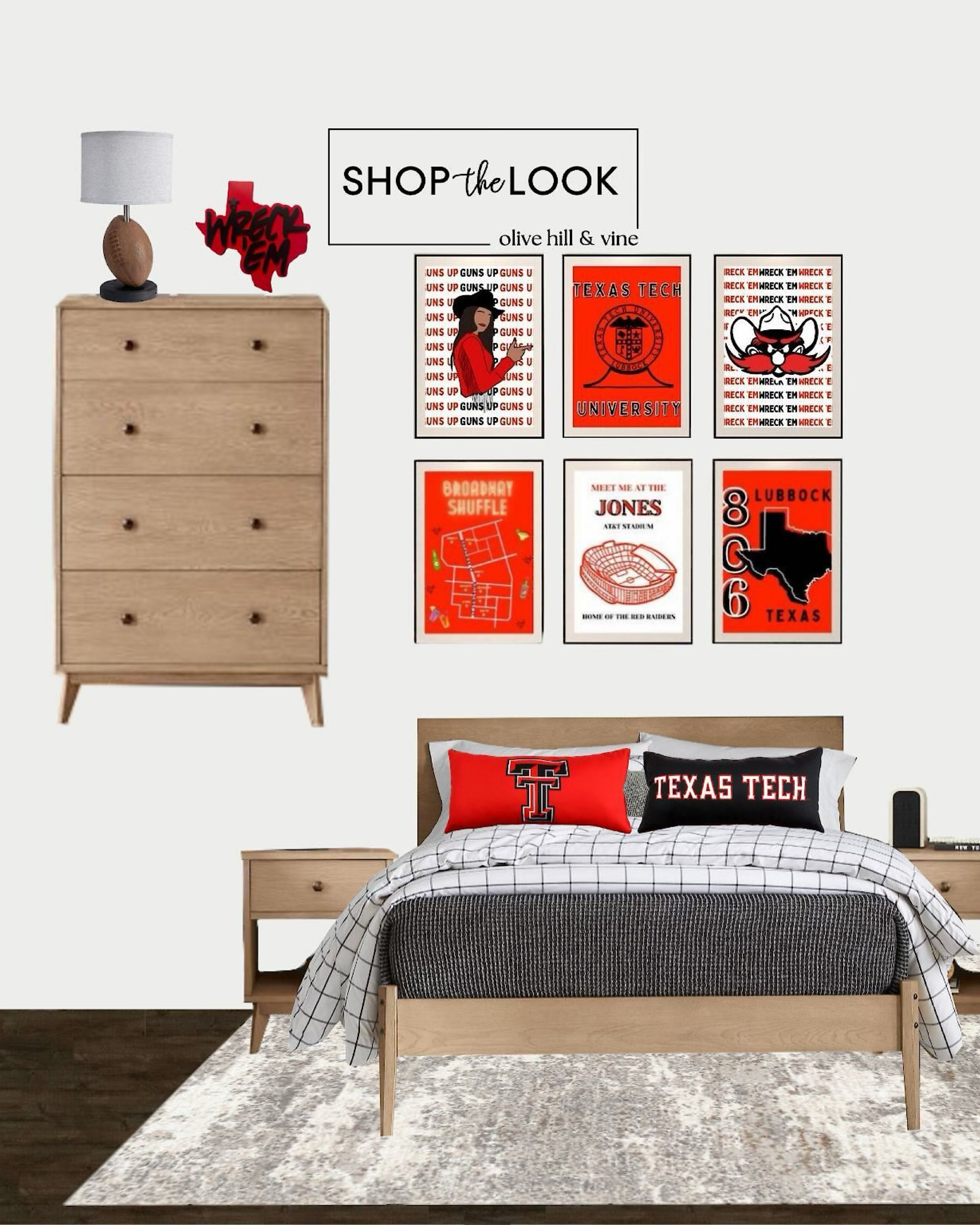 Bring your Texas Tech pride front and center with this bold and classic bedroom design. Solid wood furniture grounds the space, including a tall dresser, nightstands with shelves and drawers, and a timeless bed frame. Pops of red and black, Texas Tech bolster pillows, a Wreck 'Em sign, and a football lamp complete the look. 

#LTKHome #LTKKids #LTKFamily