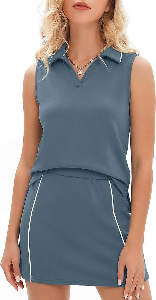 Glamaker Womens Two Piece Skirt Set Summer Tennis Outfits Casual V Neck Sleeveless Top Short Skor... | Amazon (US)