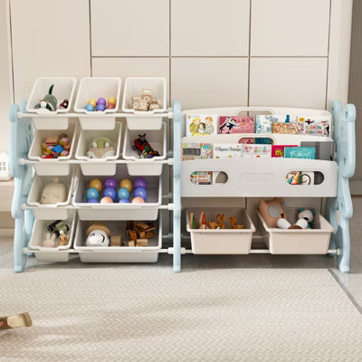 FONTOI Kids Toy Storage Organizer with 12 Bins&2 Tier Bookshelf, Multi-functional Storage Cabinet with Bins for Playroom, Blue, 14.17"*33.86"*56.1" | Target