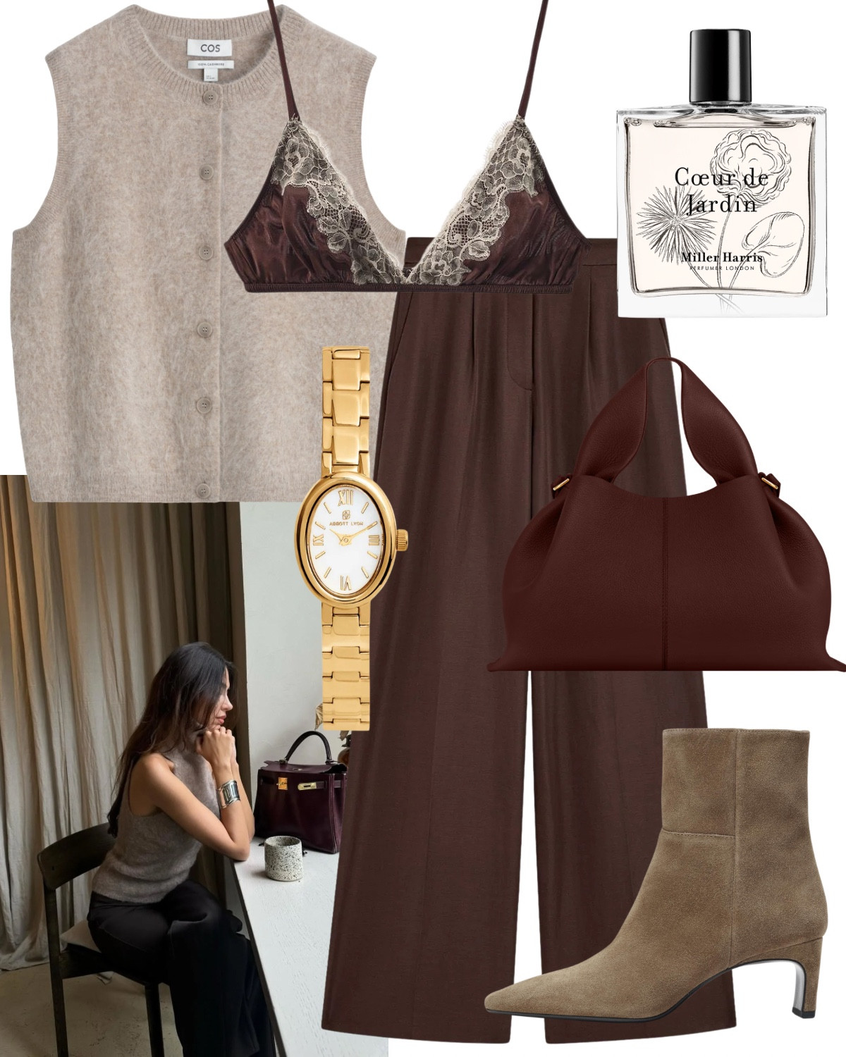 Knit waistcoat, lace bralette, perfume, satin trousers, silk trousers, gold watch, heeled boots 

Bra & Boots - Zara
Handbag - Polene Paris

#LTKautumn #LTKworkwear #LTKstyletip