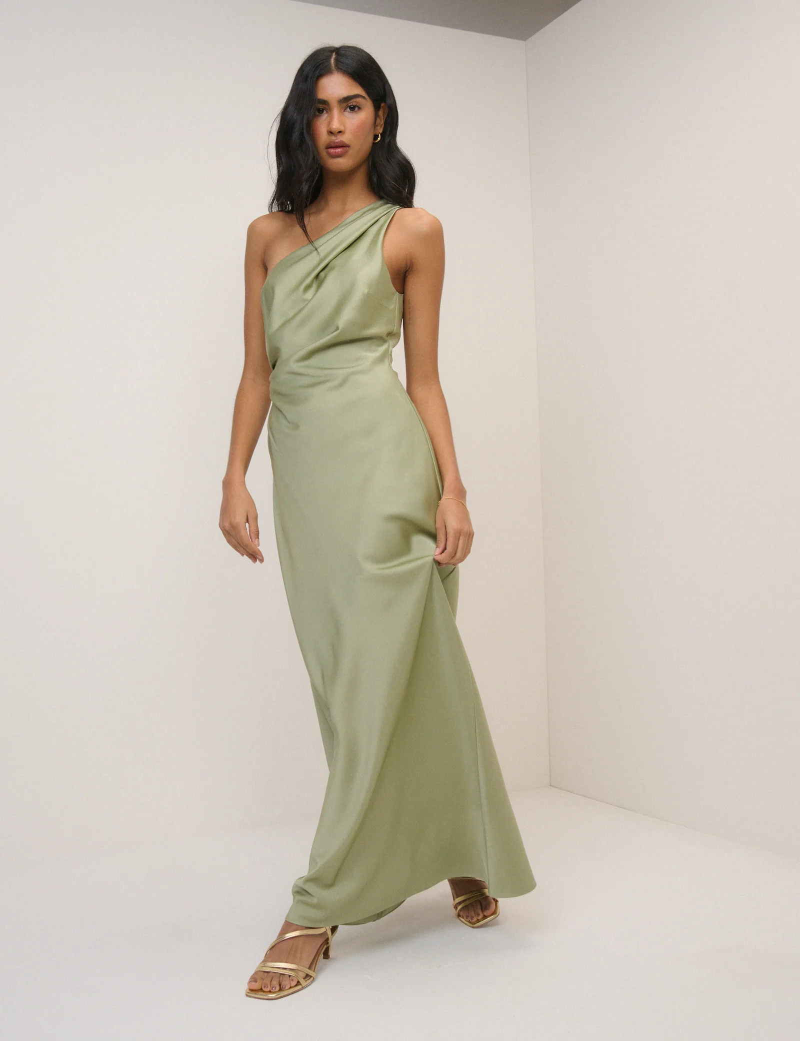 Sage Satin One-Shoulder Sloane Maxi Dress | Nobody's Child