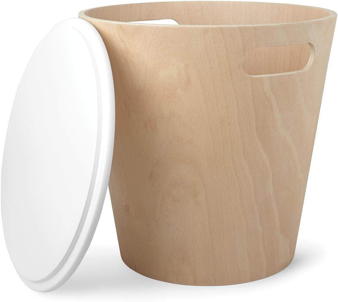 Umbra Woodrow, Modern Ottoman with Storage, Large Round Stool, Natural Wood/White | Amazon (US)