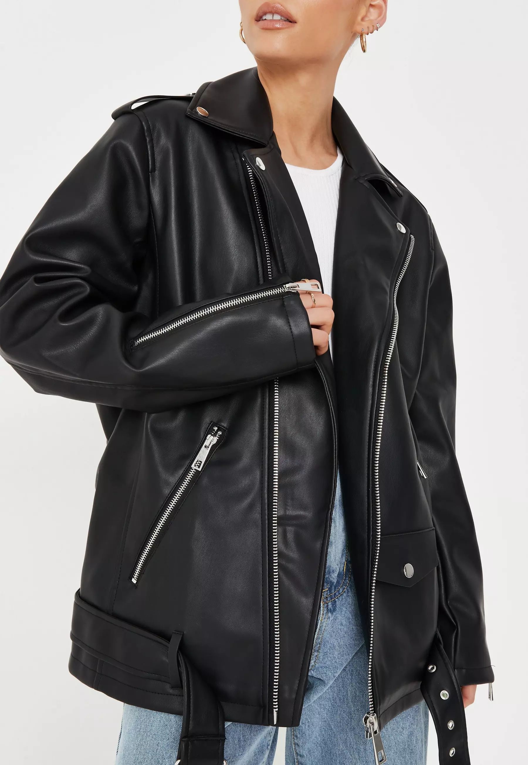 Black Faux Leather Long Biker Jacket | Missguided (UK & IE)