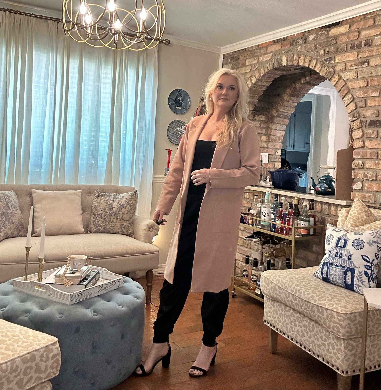 Staple fall pieces! Satin joggers, black bodysuit & a long “trench coat”cardigan with strappy shoes! 

#LTKstyletip #LTKover40 #LTKSeasonal