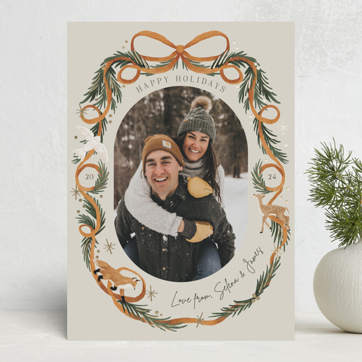 "Winter Ribbon" - Customizable Foil-pressed Holiday Cards in Brown by Elly. | Minted