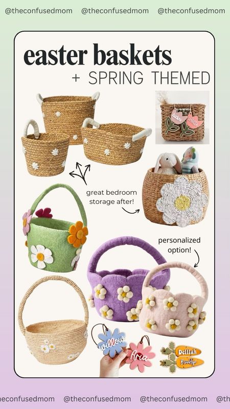 Easter baskets + spring themed! Round storage basket with flowers, green felt Easter basket with flowers, felt daisy basket, handwoven flower basket, personalized carrot tag, personalized flower name tag. 

#LTKSeasonal #LTKkids #LTKfamily