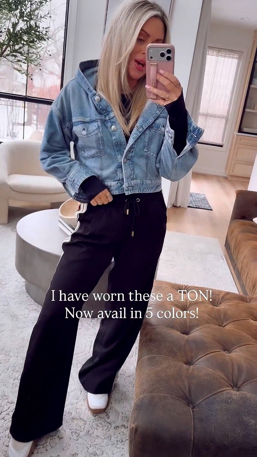 Elevated casual 🤍 Still crushing on these track pants. Now in 5 colors, wearing a small and I keep reaching for them 🙌

Knit denim jacket = worth every penny. Mine is out of stock but linking a similar one I love 💙!

#LTKOver40 #LTKootd