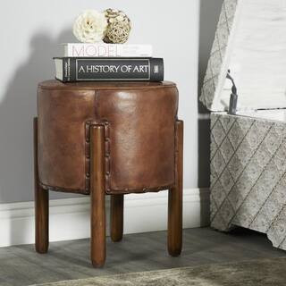 Litton Lane Jones 20 in. Brown Handmade Teak Wood Upholstered Leather Stool with Wood Legs 64780 ... | The Home Depot