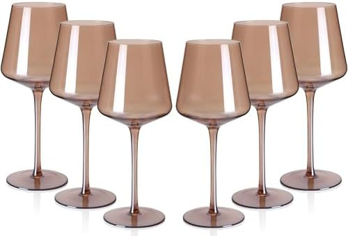 Colored Wine Glasses Set of 6-18oz Smokey Sand Wine Glass with Tall Long Stems and Flat Bottom,Cr... | Amazon (US)