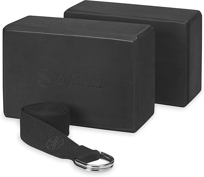 Gaiam Essentials Yoga Block 2-Pack & Yoga Strap Set, Black | Amazon (US)