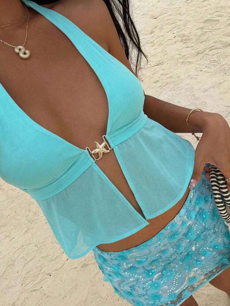 Avenya Star Decor Halter Neck Top & Embroidered Fabric Short Skirt Set | SHEIN