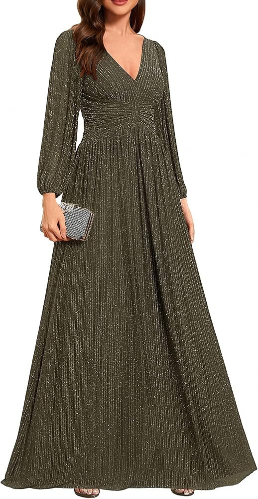 Ever-Pretty Women's A-Line Formal Mother of Bride Dresses V-Neck Long Sleeves Floor Length Glitte... | Amazon (US)
