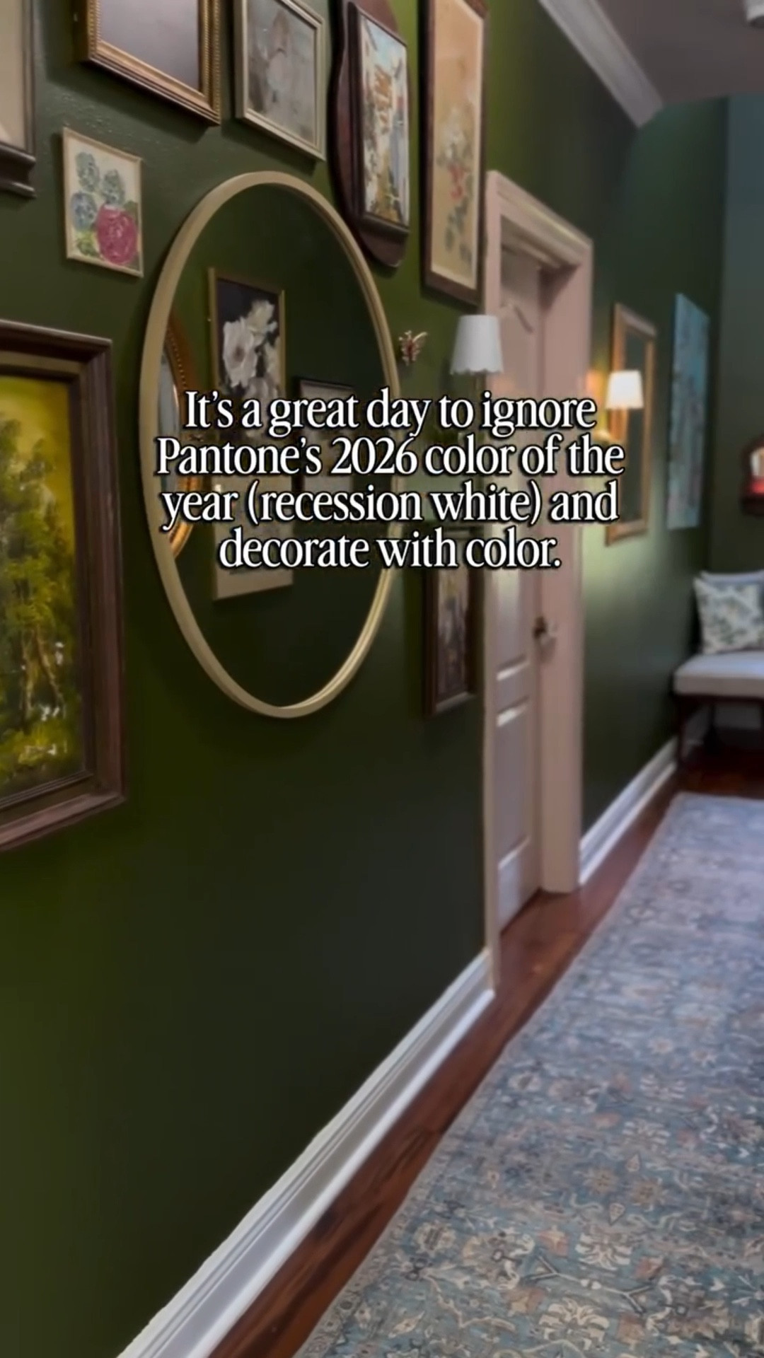 Pantone says “recession (conservative) white.”
My Southern self says, “bless your heart, I’ll take the color.” ✌️ 

Homes should feel lived-in, loved-on, and full of personality…not like a sterile doctor’s office.
Bring on the green walls and the thrifted art. 🌿✨



#VintageInspiredHome #GalleryWallGoals #ThriftedHomeStyle #CollectedHome #CozyEclecticDecor

#LTKstorytime #LTKHome #LTKFindsUnder100